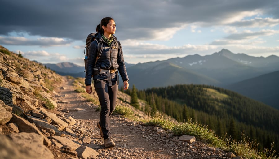 Hiker wearing a small daypack on a rocky mountain trail in the Dillon area during golden hour