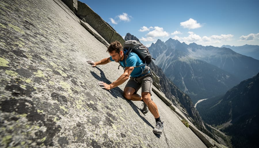 A hiker moving upward on a steep granite scramble using hands for balance and progress.
