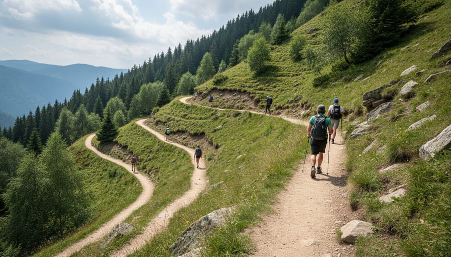 Hikers climbing a mountain trail using switchbacks with zigzag sections visible