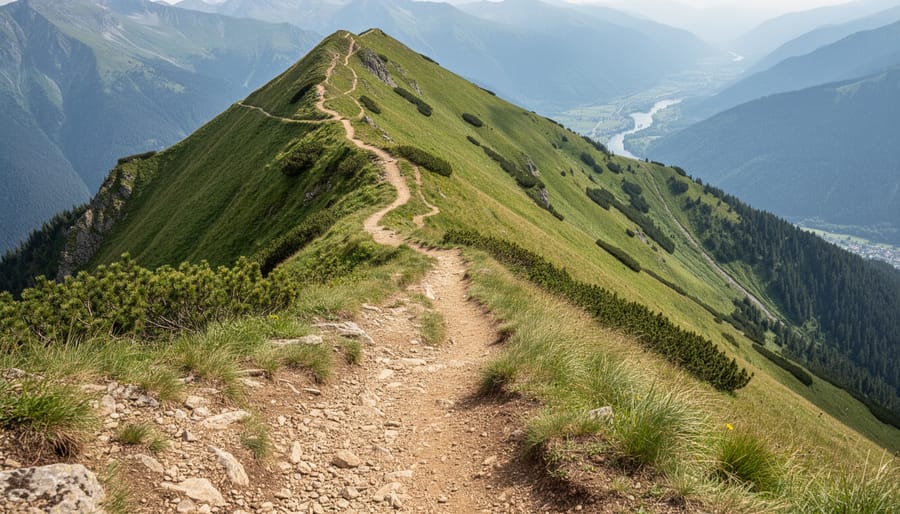 Hikers on a winding mountain trail with a visible switchback turn across a steep slope