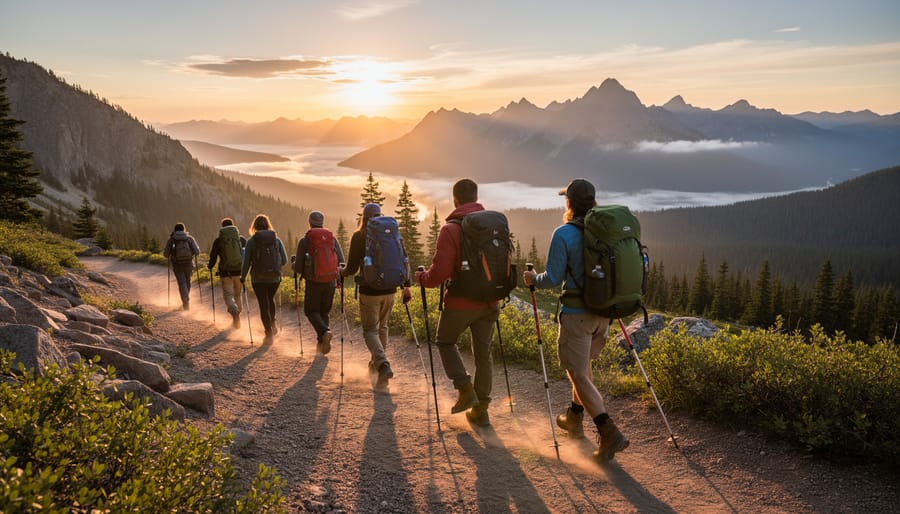 Hikers walking along a scenic trail toward a sunrise viewpoint in a national park.