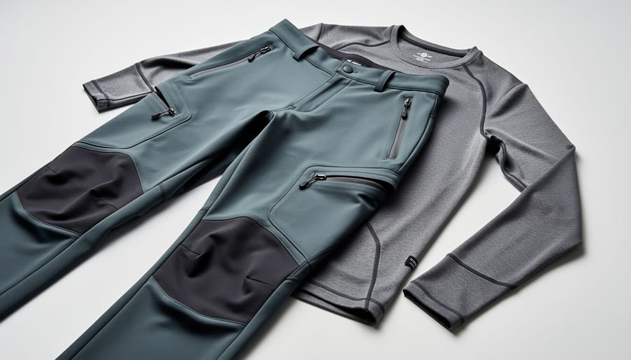 Close-up of women’s hiking pants, a base layer, and trail shoes with visible pockets and fabric texture