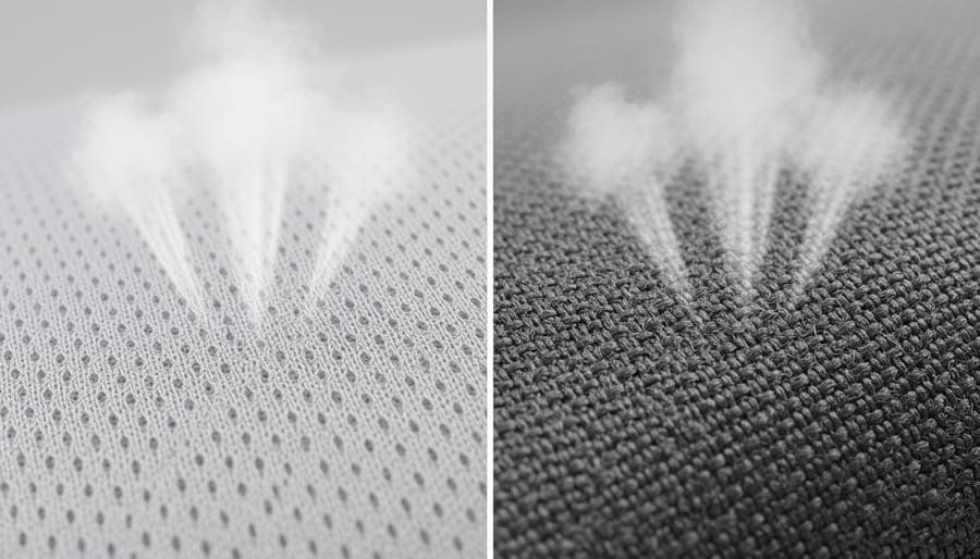 Macro view of hands comparing the fabric texture of two hiking pants materials.