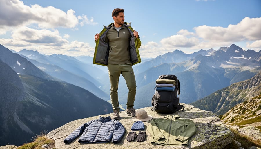 Women’s hiking pants laid out with rain shell and trekking shoes for Colorado trail layering