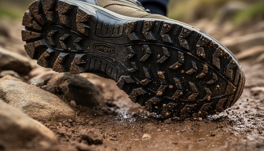 Close-up of a hiking shoe outsole with traction tread on wet granite and mud.
