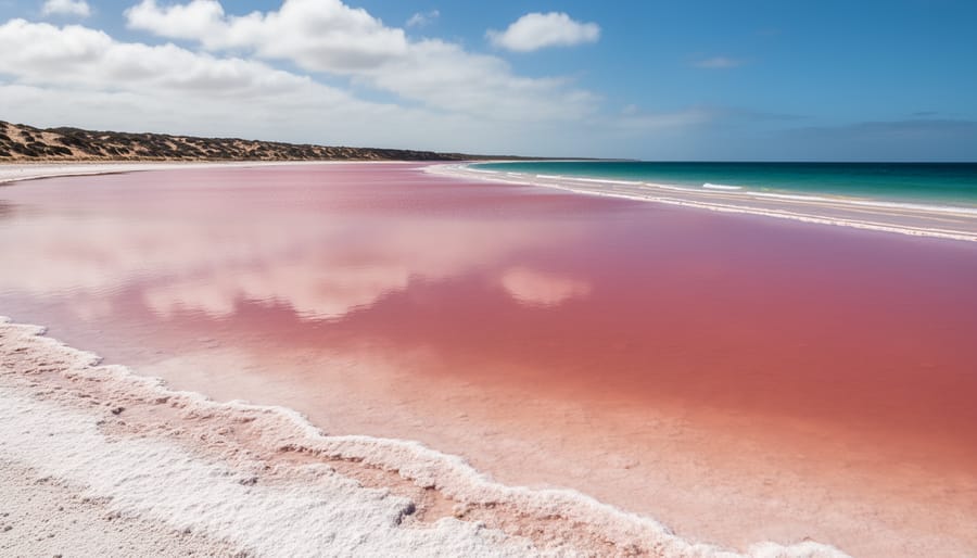 Expansive view of Hutt Lagoon showing pink salt flats and a distant coastal landscape