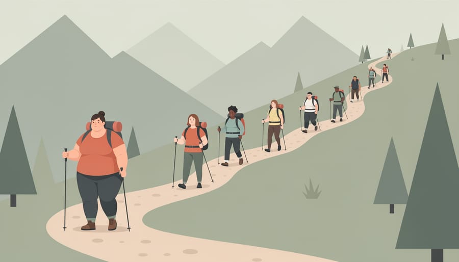 Woman wearing plus-size hiking clothes walking on a frosty Canadian trail