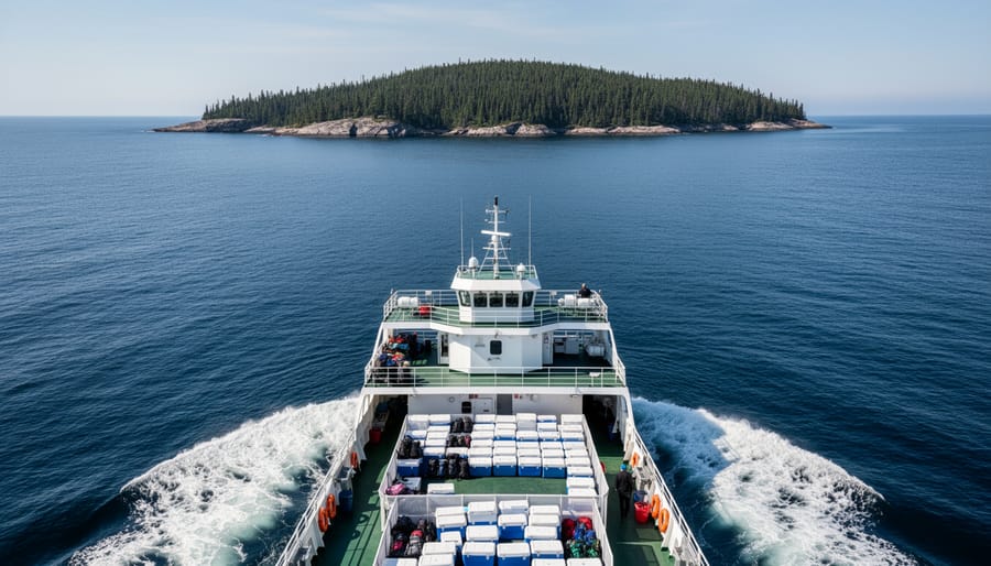 Ferry approaching the shoreline of Isle Royale with passengers and wake visible