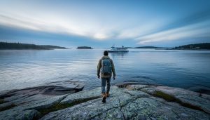 A lone hiker on a rocky shoreline of Isle Royale with a distant passenger ferry on Lake Superior under a hazy sky.