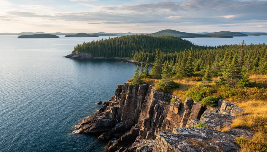 Panoramic view of Isle Royale coastline with forest and Lake Superior in the background