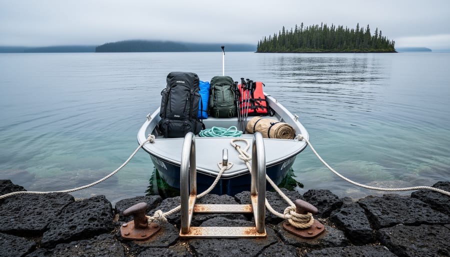Private boat approaching a rocky dock at Isle Royale