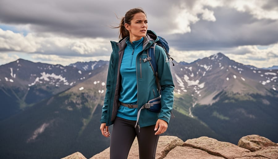Close-up of a hiker layering a moisture-wicking base under a waterproof jacket with mountain trail background