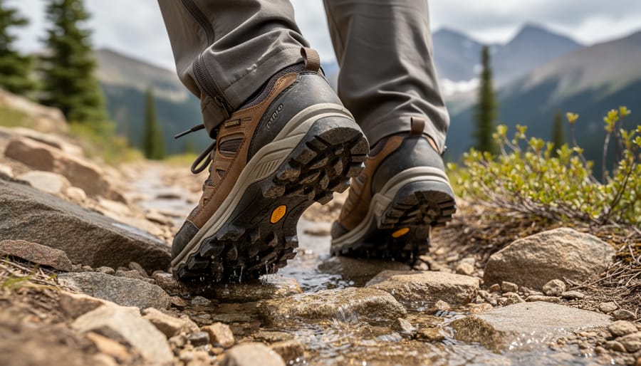 Low-cut men’s hiking shoes stepping on a rocky, wet trail near a mountain creek in Colorado.