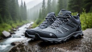 Men’s hiking shoes with trail tread and waterproof-looking material on wet rocks beside a Colorado creek and forest trail background