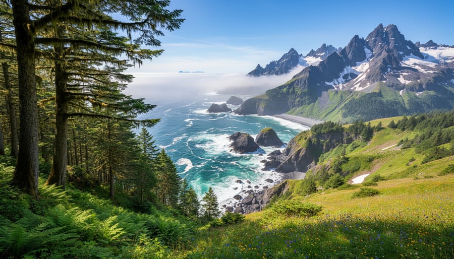 Rainforest ferns in the foreground with ocean coastline and distant mountains in Olympic National Park