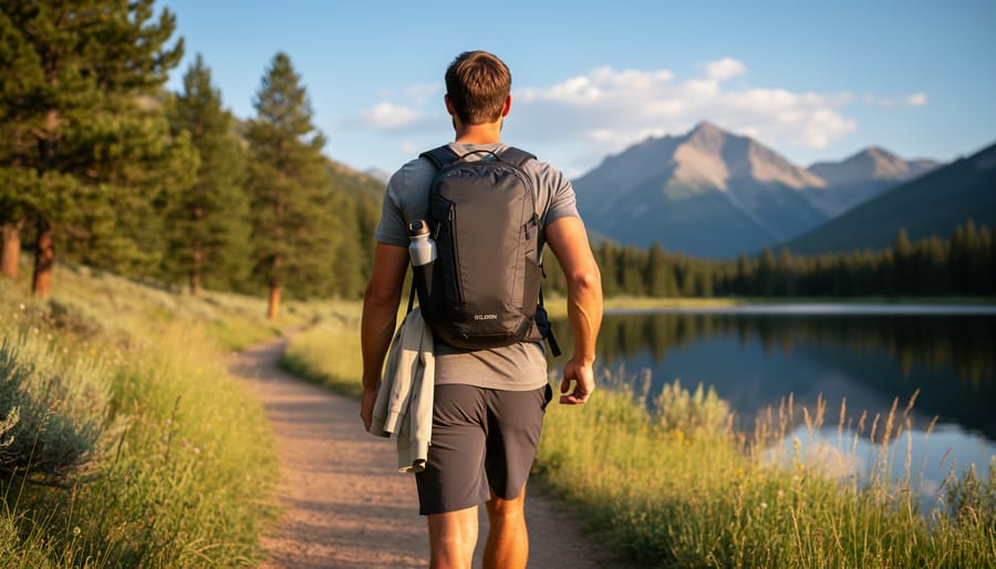 Traveler carrying a packable small hiking backpack on a misty trail near a stream