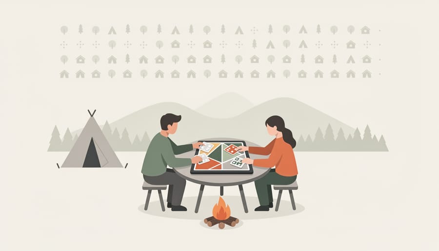 Person planning a camping trip with a folded map on rocky ground near outdoor gear.