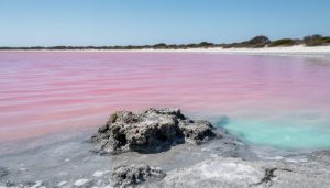 Wide ground-level photo of Hutt Lagoon in Western Australia with vivid pink water reflecting the sky and sandy dunes in the distance.