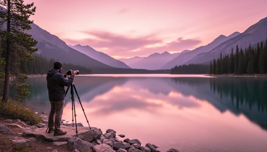 Photographer with tripod capturing Rainbow Lakes with pink-colored water in the background