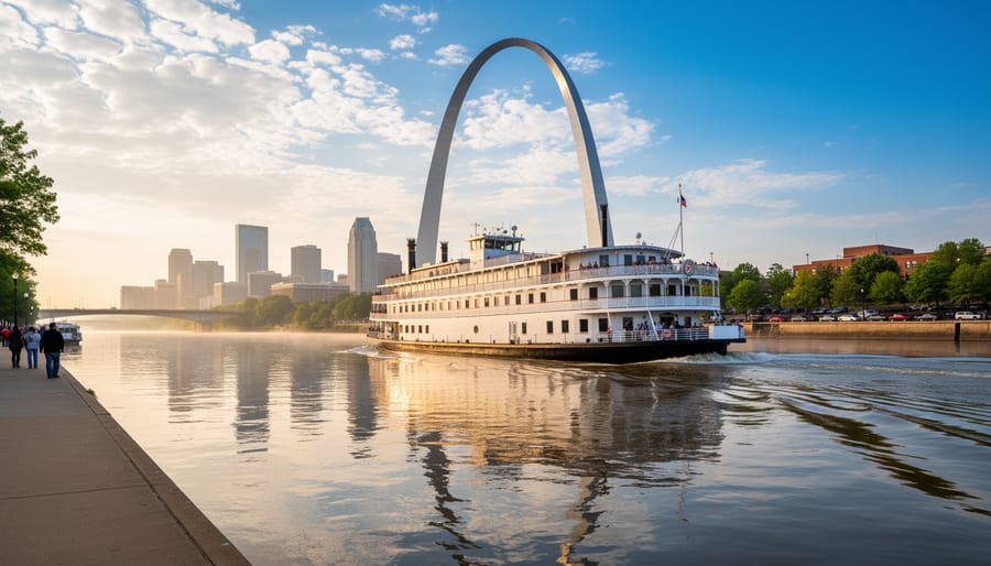 Riverboat cruise departing from the Gateway Arch riverfront with the arch in the background