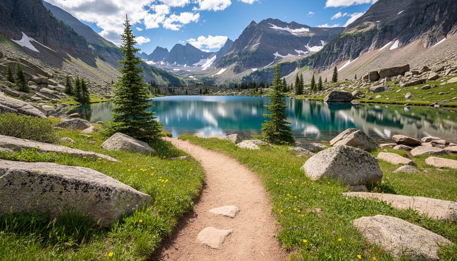 A hiker overlooking a turquoise alpine lake and mountain peaks in Rocky Mountain National Park