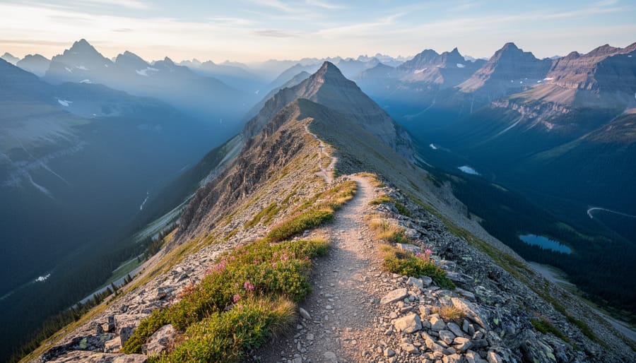 Wide view of an alpine ridgeline with rocky outcrops and a trail stretching into the distance in Alberta’s mountains