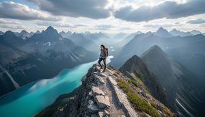 An experienced hiker on an exposed ridgeline above a turquoise glacial lake with jagged limestone mountains in the background in Kananaskis Country, Alberta.
