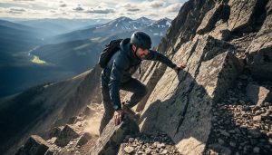 Hiker scrambling on steep exposed rock near a mountain ridge, using hands for balance in a high-alpine landscape.
