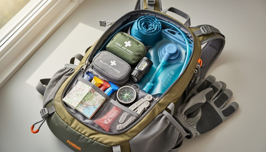 Small daypack open on a forest floor with packed essentials including a hydration hose