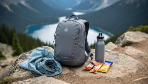Small hiking daypack on a rocky trail with a rain shell, water bottle, and trail snacks, with an alpine lake and mountains blurred in the background.
