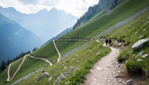 A switchback hiking trail zigzags up a steep grassy mountain slope toward distant peaks and pine forest.