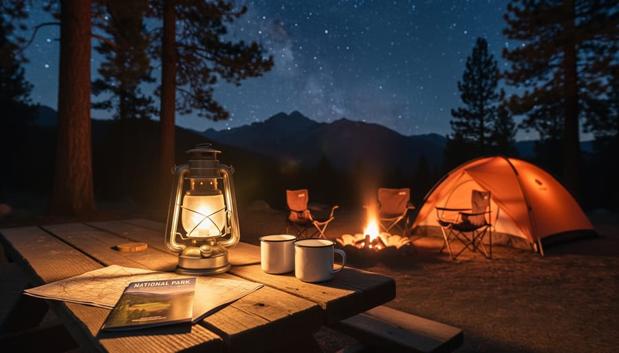 Tent and camp lantern glowing at a national park campsite during dusk.