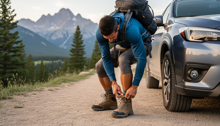 Man lacing and adjusting a pair of men’s hiking shoes in a sporting store.
