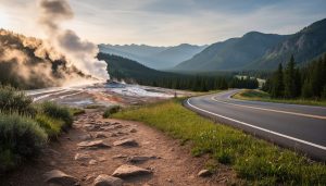 Scenic national park landscape showing a rugged trail and distant road toward geothermal steam and mountain wilderness at golden hour.