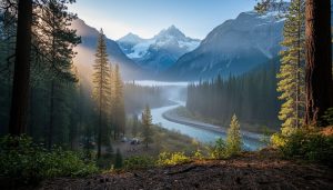 Wide panoramic view of a U.S. national park valley with pine trees, a winding river, distant mountains, and a subtle campsite in the background.