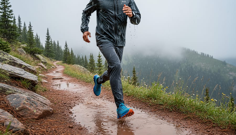 Hiker wearing hiking pants with water droplets on the fabric during rainy mountain weather
