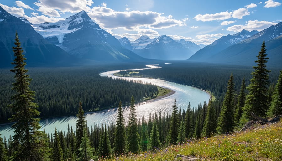 Wide panoramic view of a U.S. national park valley with mountains, a river, and pine forest.