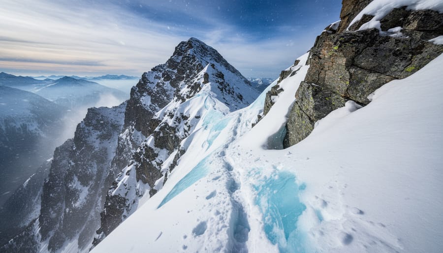 Winter hikers carefully moving on an icy snow-covered scramble near an alpine ridge.