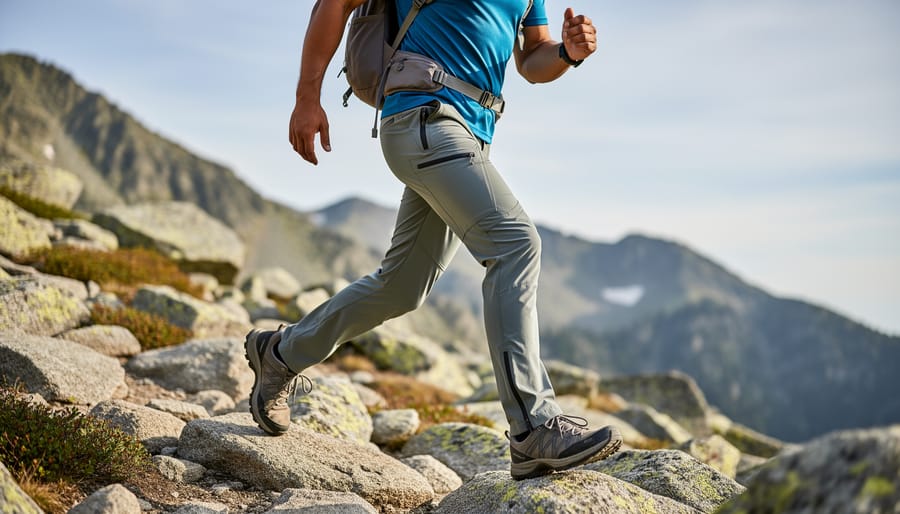 Woman hiking on a rocky mountain trail wearing women’s hiking pants near Dillon, Colorado