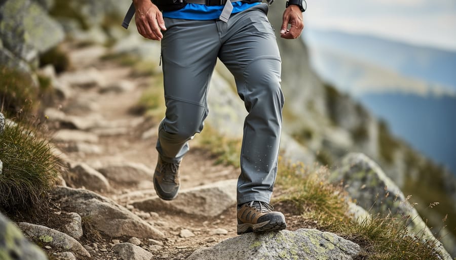 Woman adjusting hiking pants while standing on a rocky trail, showing mobility and fabric texture.