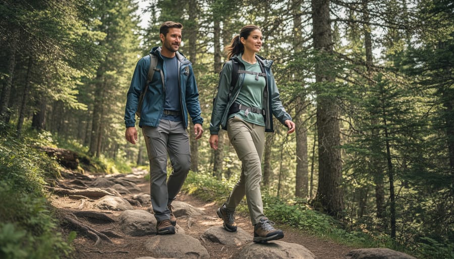 Two women hiking on a mountain trail in Canada wearing trail pants, breathable tops, and a daypack