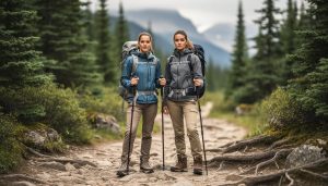 Two women hikers modeling trail-ready hiking clothes on a rocky forest path in Canada with evergreen trees and distant mountains in the background.