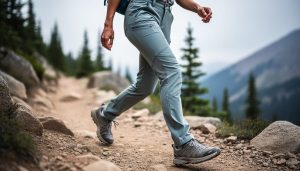 Close-up of a woman’s legs in women’s hiking pants hiking over rocky terrain in the Colorado mountains.
