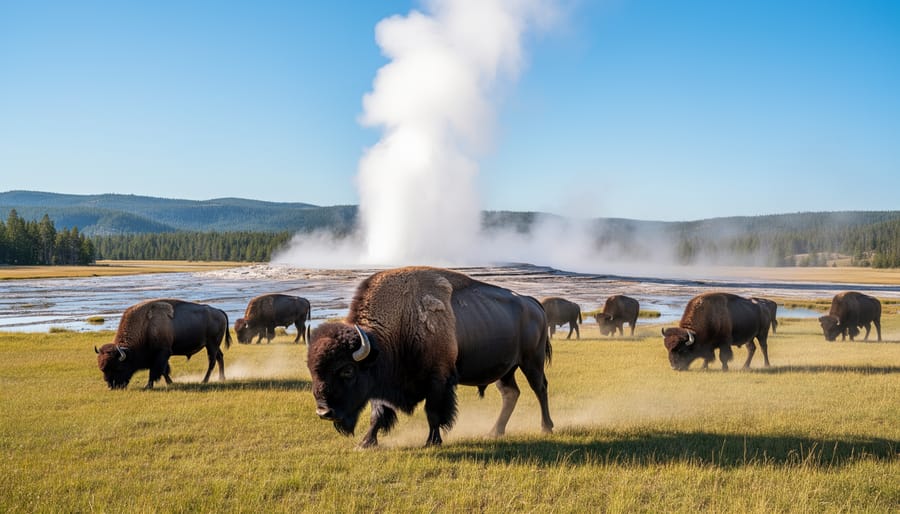 Steaming geyser in Yellowstone with bison in the foreground and pine forest in the distance