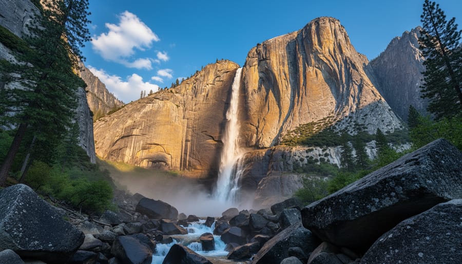 El Capitan and Half Dome at Yosemite with a waterfall cascading into a river valley