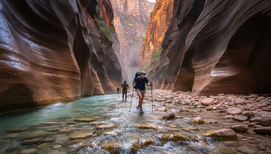 A hiker wading in the river of The Narrows surrounded by towering red canyon walls in Zion National Park