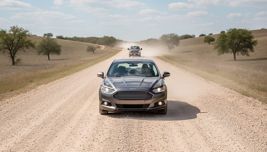 A 4WD traveling on a gravel road toward a remote campsite with gravel spray trailing behind the tires.
