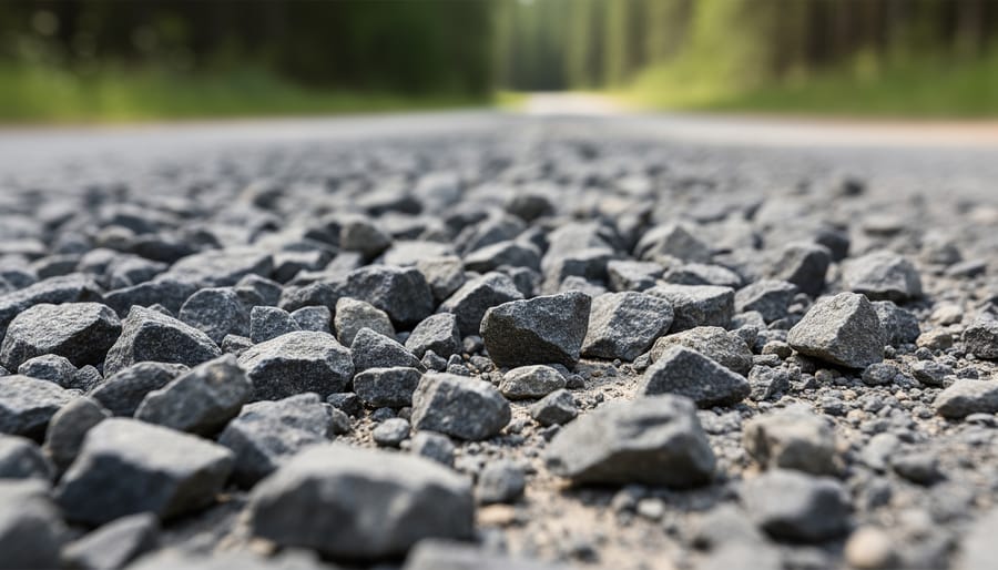 Front bumper and hood of a 4WD truck with small stone chips on the paint on a dusty gravel roadside near trees.