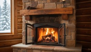 Close-medium view of a rustic cabin’s wood-burning fireplace with stone surround and damper hardware, with soft winter light and snowy scenery in the background.