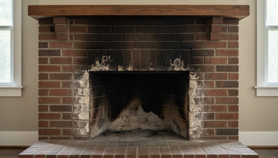 Smoke-stained rustic cabin fireplace with fire screen and dusty hearth